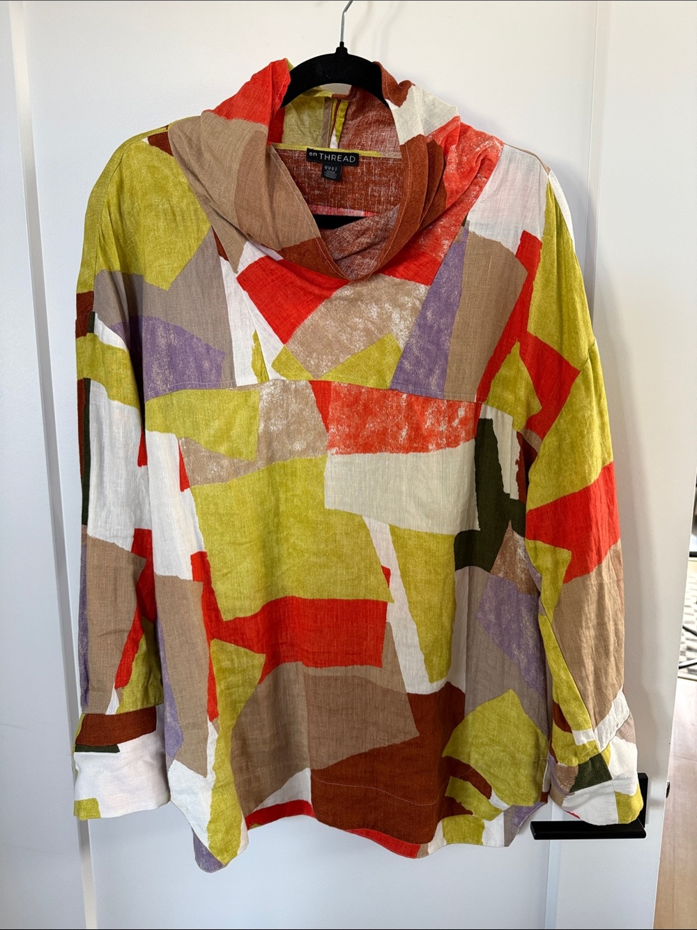 Universal Thread Colorblock Abstract Cowl-Neck Tunic in Red, Lime, Tan